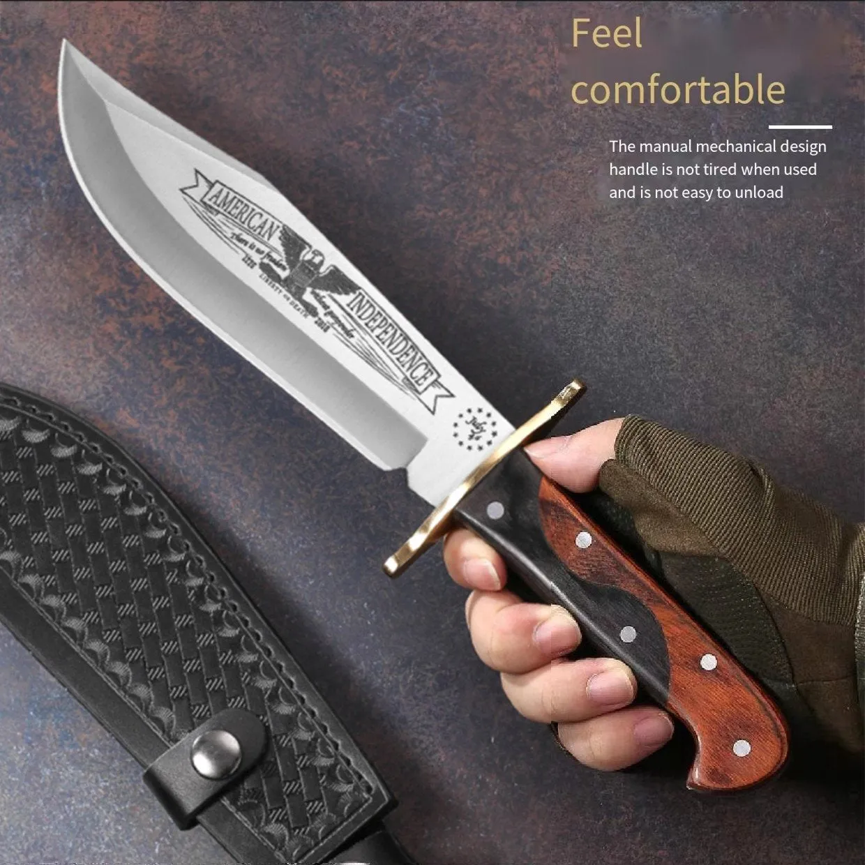 13-inch Bushcraft Fixed Blade EDC Skinning Knife, Mirror Polished D2 Stainless Steel Bowie Knife - Full-tang Wood Handle with Leather Sheath