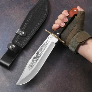 13-inch Bushcraft Fixed Blade EDC Skinning Knife, Mirror Polished D2 Stainless Steel Bowie Knife - Full-tang Wood Handle with Leather Sheath