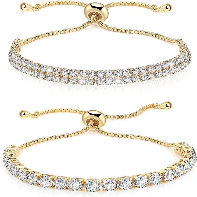 2 Piece Tennis Bracelets Set - 18K Plated Filled Real Gold 3mm 4mm Cubic Zirconias Adjustable Wrist