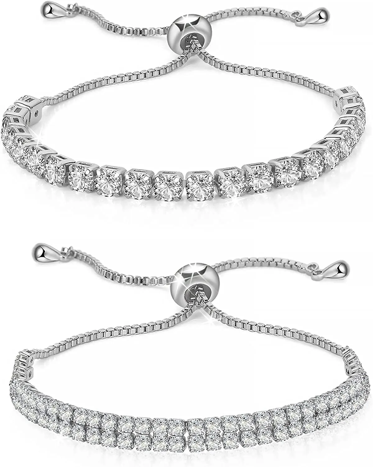 2 Piece Tennis Bracelets Set - 18K Plated Filled Real Gold 3mm 4mm Cubic Zirconias Adjustable Wrist