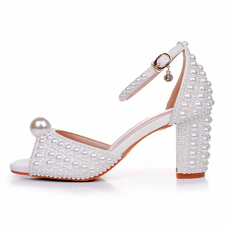 2.95" Pearls White Ankle Strap Chunky Heels Summer Wedding Dress Shoes