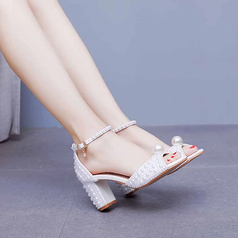 2.95" Pearls White Ankle Strap Chunky Heels Summer Wedding Dress Shoes