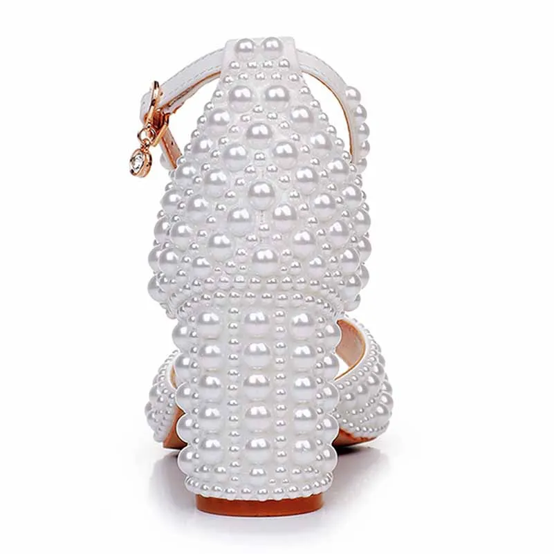 2.95" Pearls White Ankle Strap Chunky Heels Summer Wedding Dress Shoes