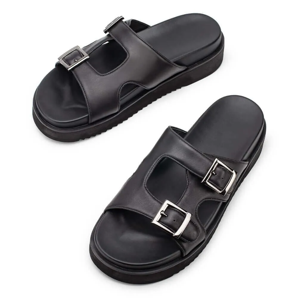 5CM / 1.95Inches - CMR CHAMARIPA Height Increasing Slippers - Men Sandals With Heel - Outdoor Indoor Black Cowhide Leather Elevator Sandals