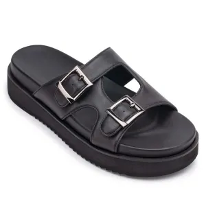 5CM / 1.95Inches - CMR CHAMARIPA Height Increasing Slippers - Men Sandals With Heel - Outdoor Indoor Black Cowhide Leather Elevator Sandals