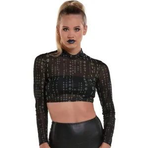 Adult Cyberpunk Sheer Black Binary-Print Mock Neck Cropped Mesh Long Sleeve Top | 1 ct