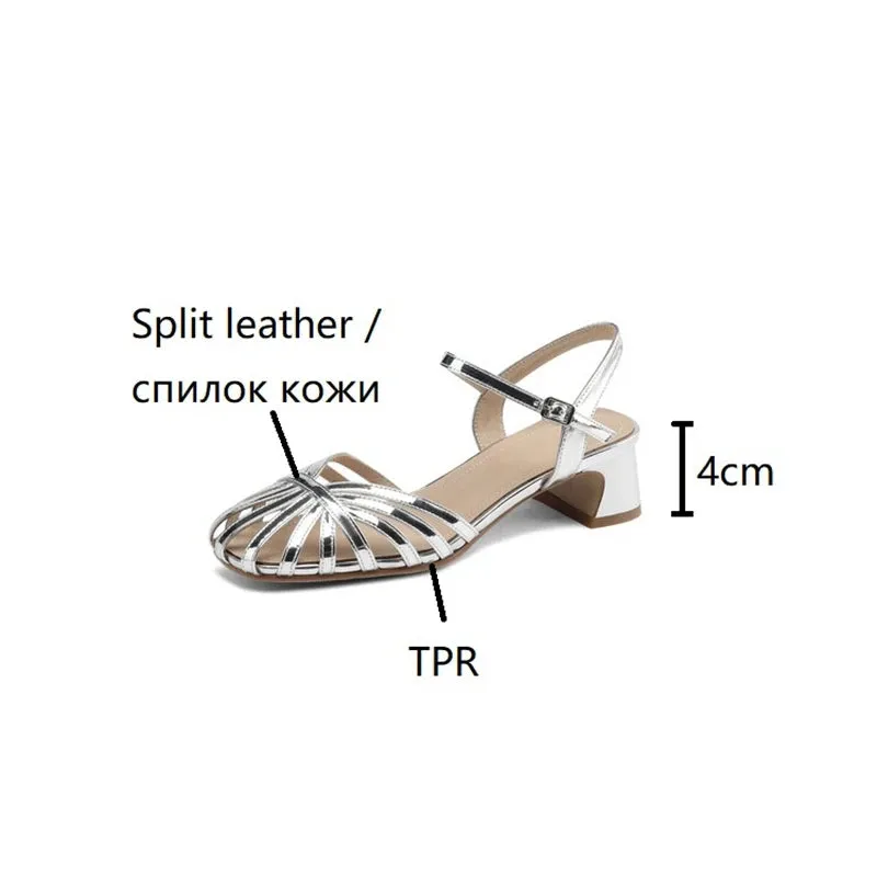 Aiertu Split Leather Women Sandals Round Toe Chunky Heel Summer Women Shoes Narrow Band Shoes for Women Handmade Shoes