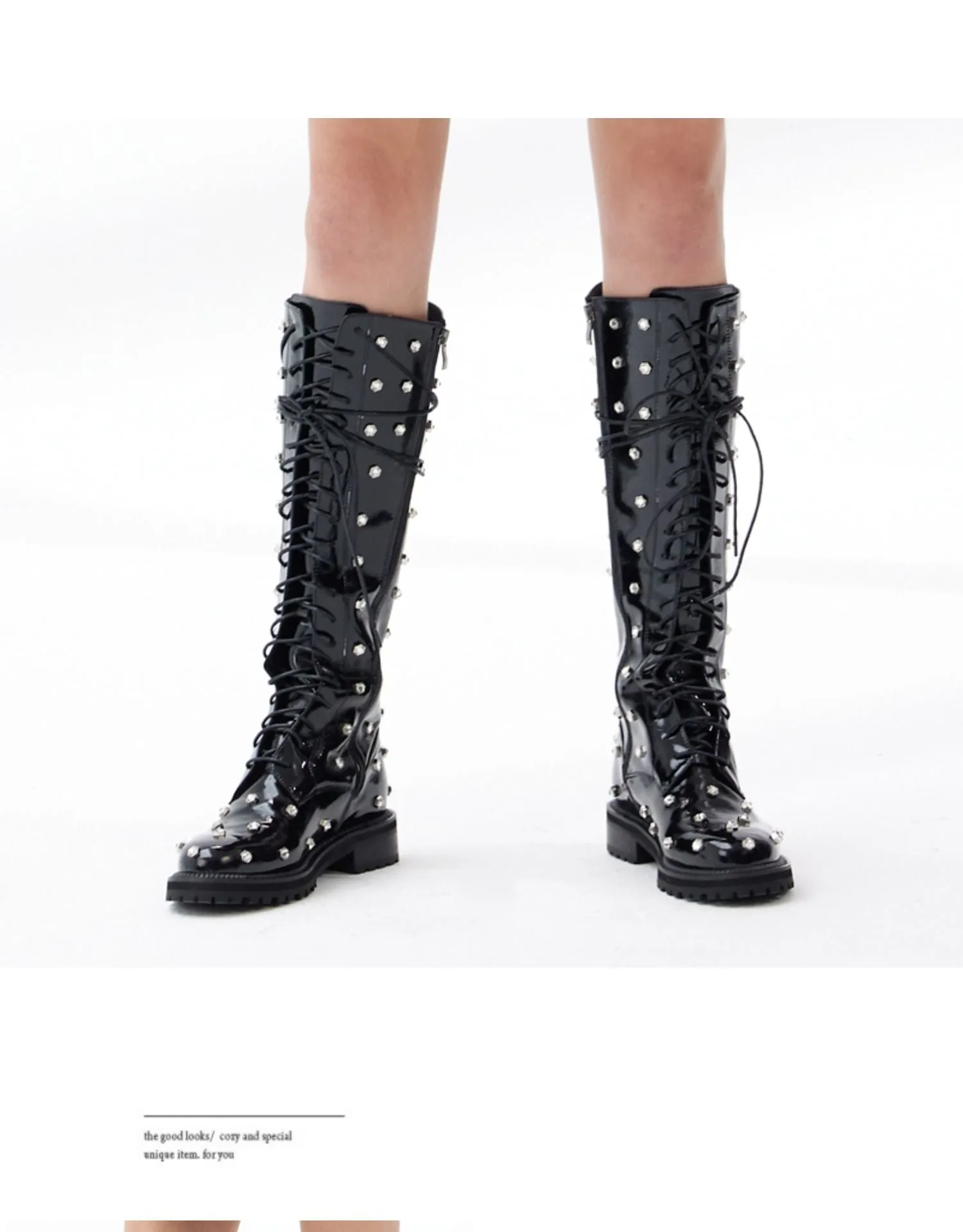 B-FEI niche stars diamonds lace adjustable head layer patent leather biker boots - libra