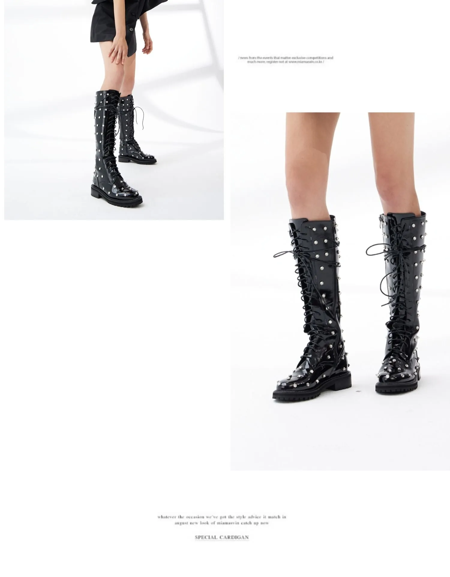 B-FEI niche stars diamonds lace adjustable head layer patent leather biker boots - libra