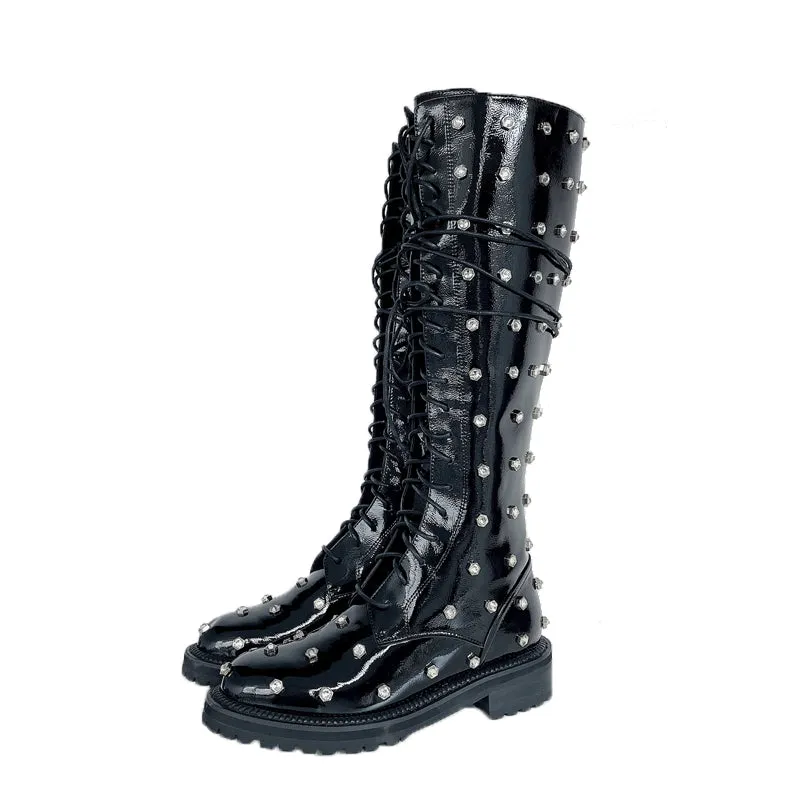 B-FEI niche stars diamonds lace adjustable head layer patent leather biker boots - libra