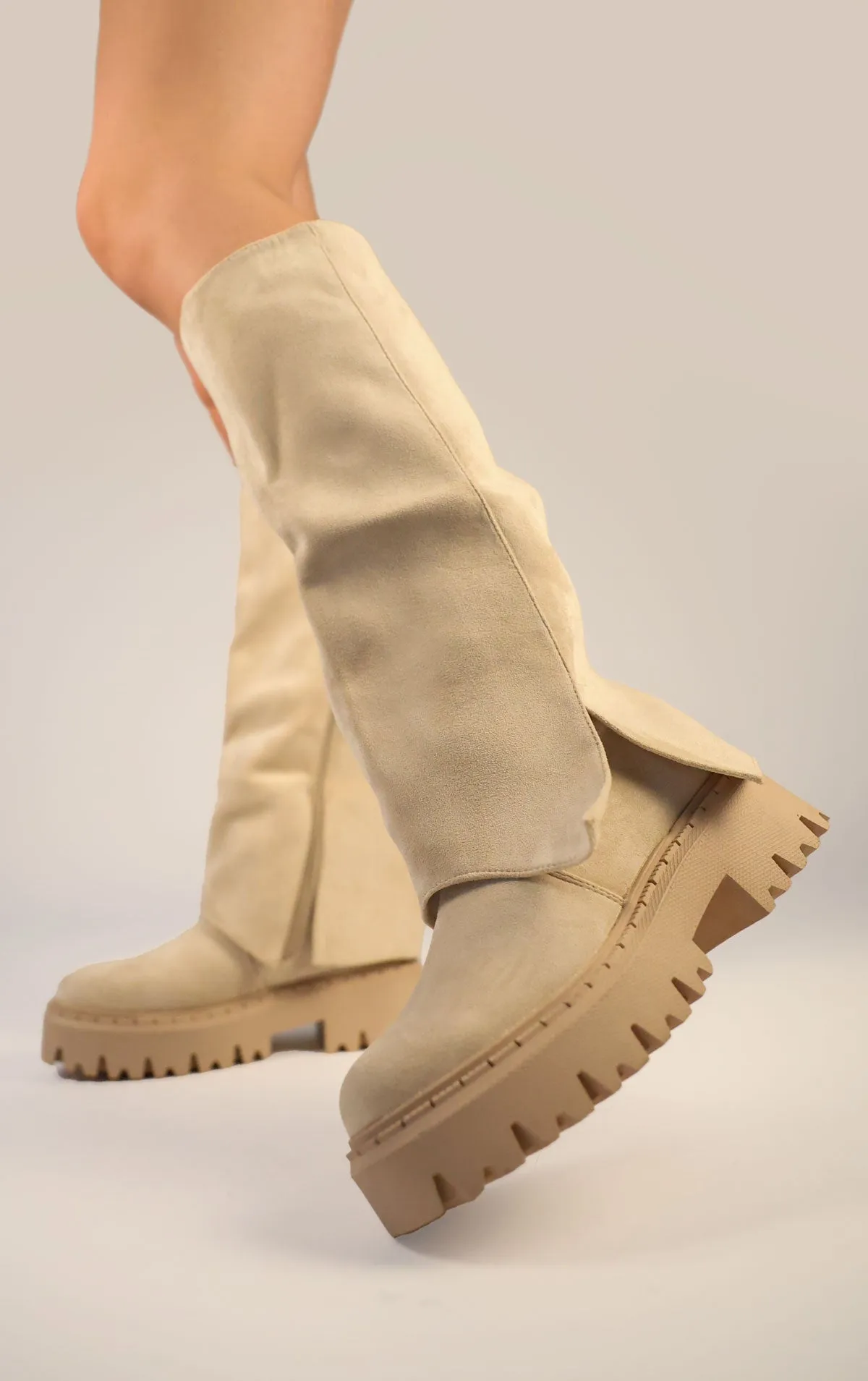 Beige Faux Suede Fold Over Chunky Round Toe Knee High Boots