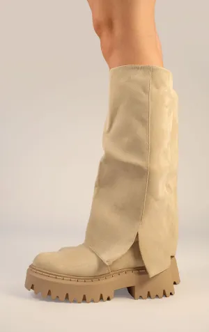 Beige Faux Suede Fold Over Chunky Round Toe Knee High Boots