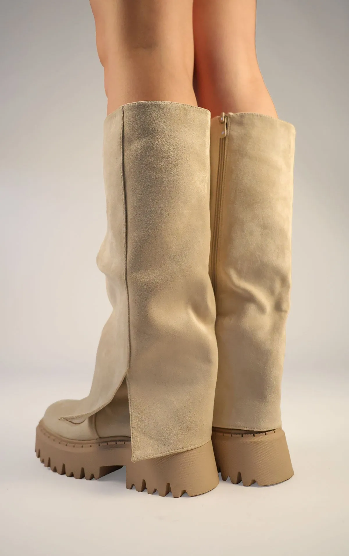 Beige Faux Suede Fold Over Chunky Round Toe Knee High Boots