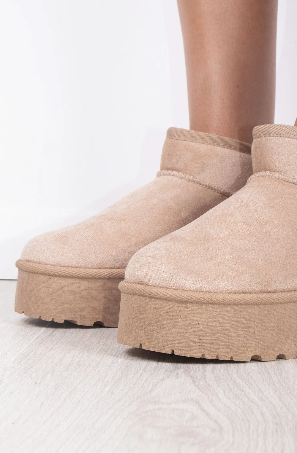 Beige Faux Suede Ultra Mini Ankle Ribbed Sole Platform Boots