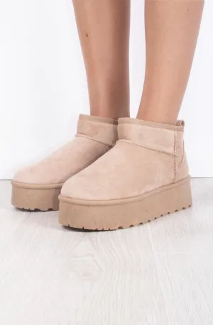 Beige Faux Suede Ultra Mini Ankle Ribbed Sole Platform Boots