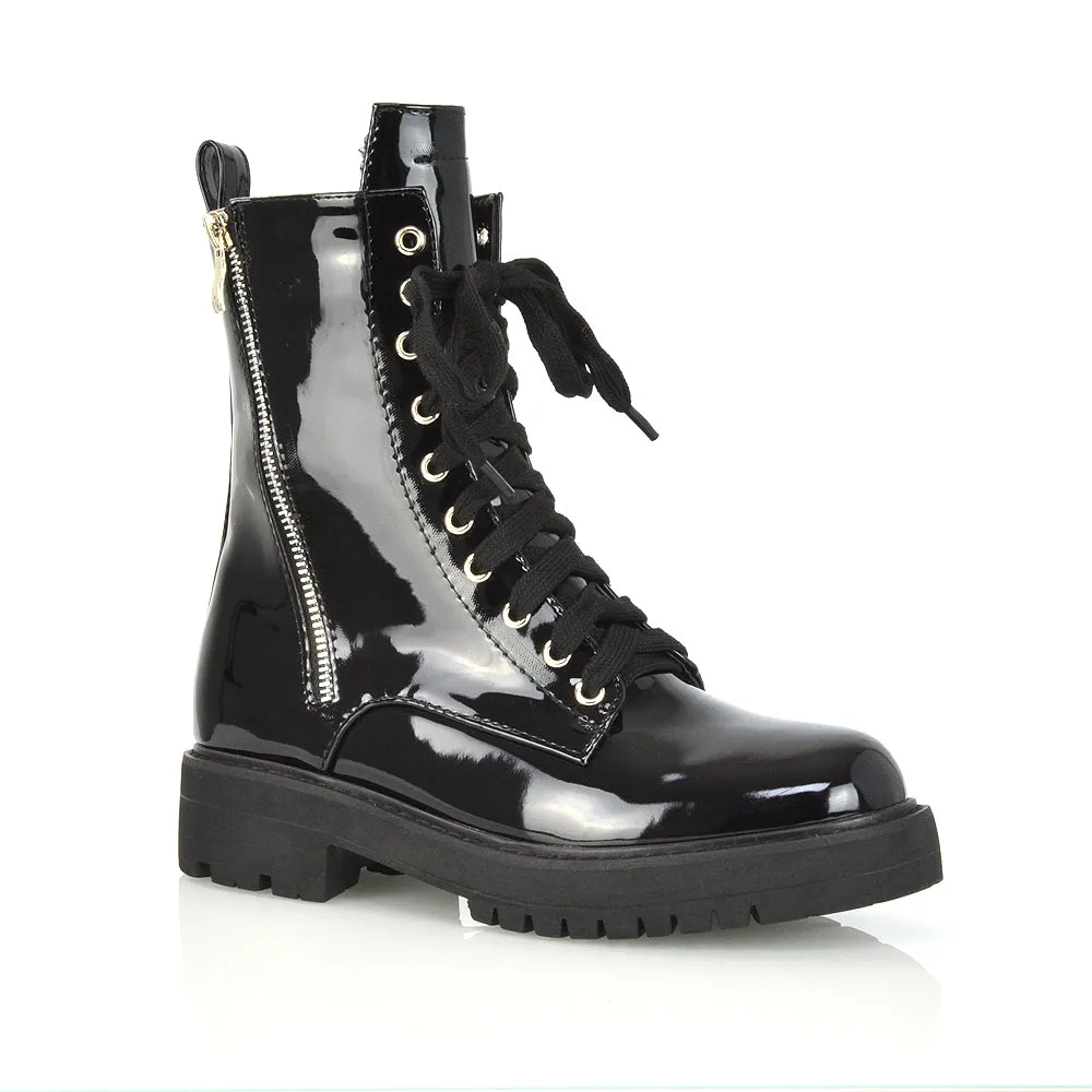 Bianca Flat Combat Lace up Chunky Military Biker Ankle Boots in Black Synthetic Leather