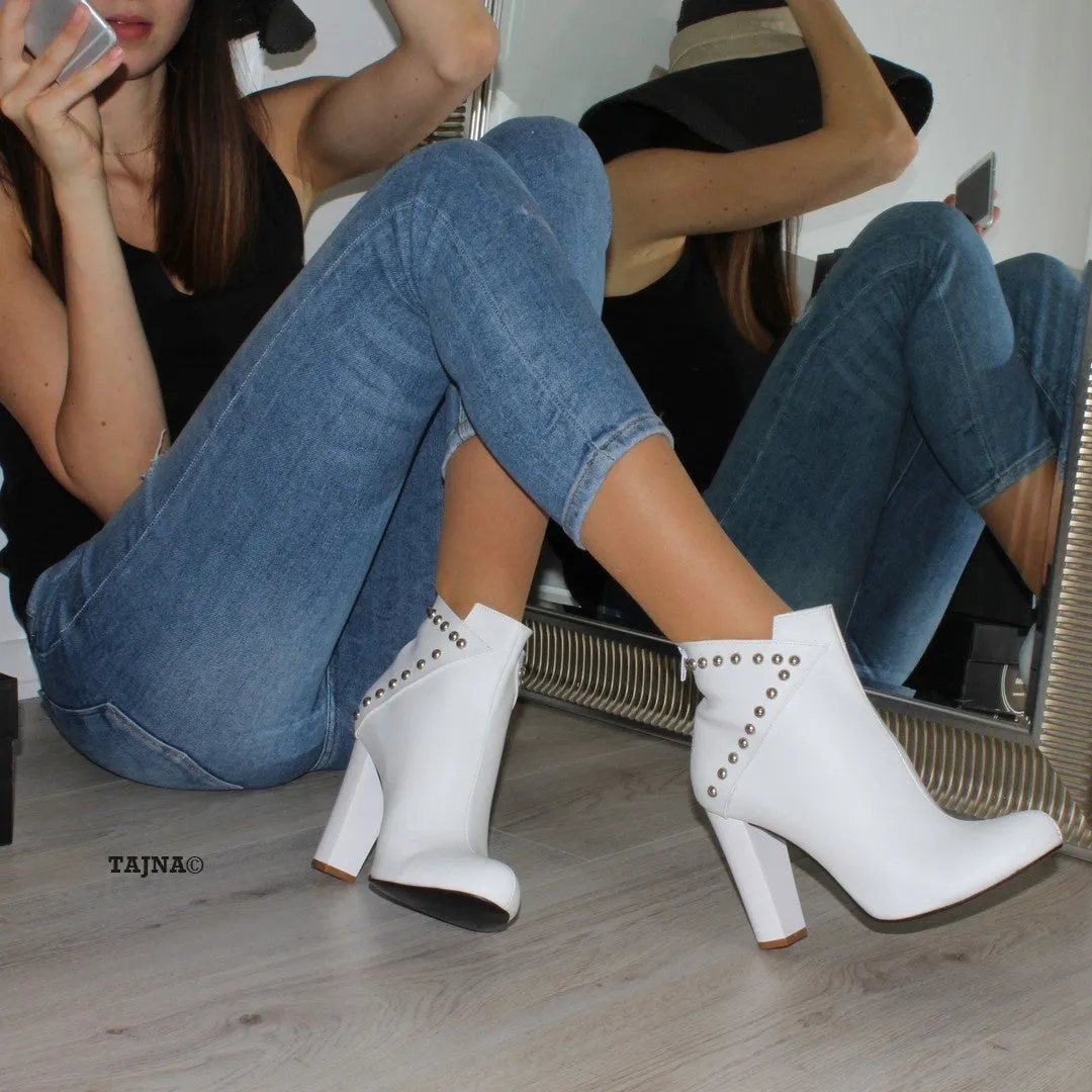 Biker White Suede Chunky Heel Ankle Booties