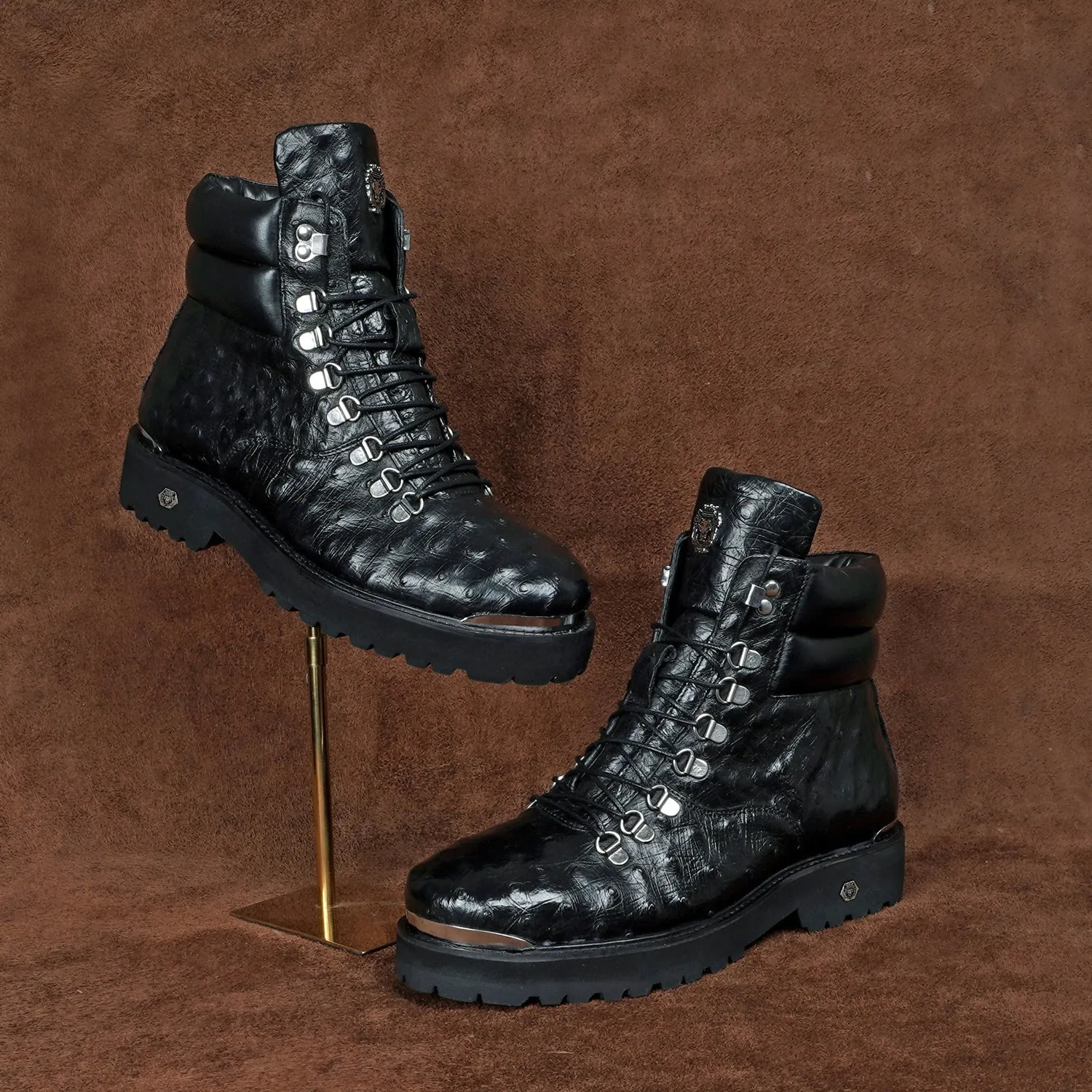 Black Biker Boots in Premium Authentic Ostrich Leather