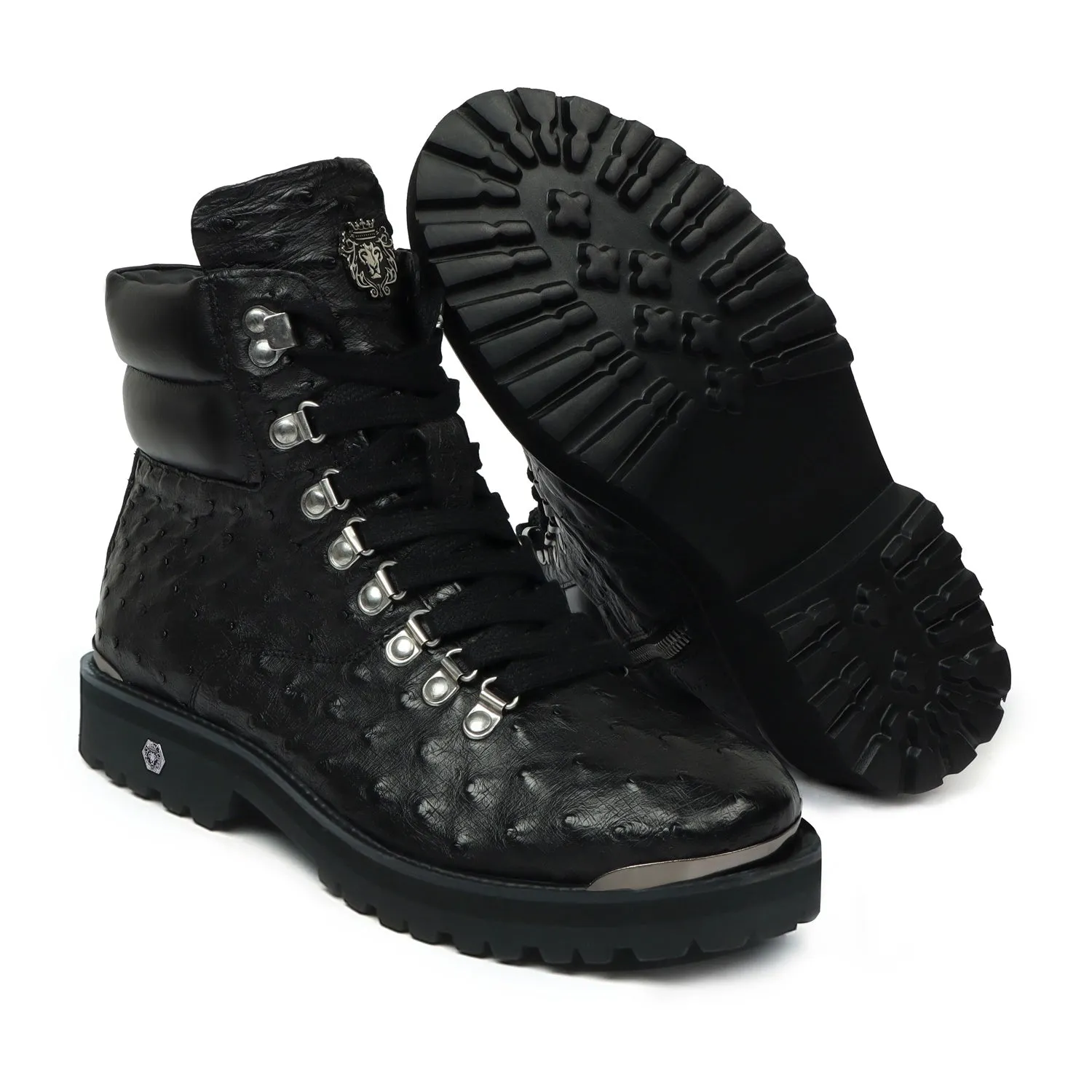 Black Biker Boots in Premium Authentic Ostrich Leather