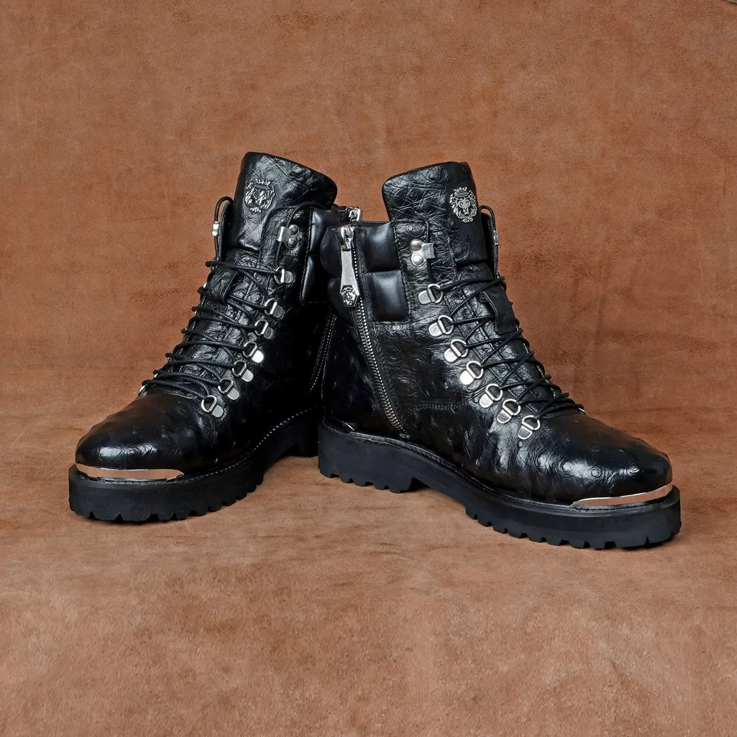 Black Biker Boots in Premium Authentic Ostrich Leather