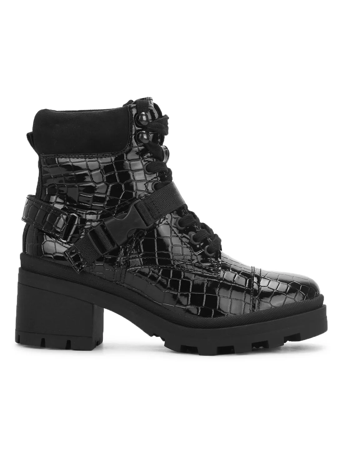 Black Croc Patent Buckle Belt Lace-Up Block Heel Ankle Boots