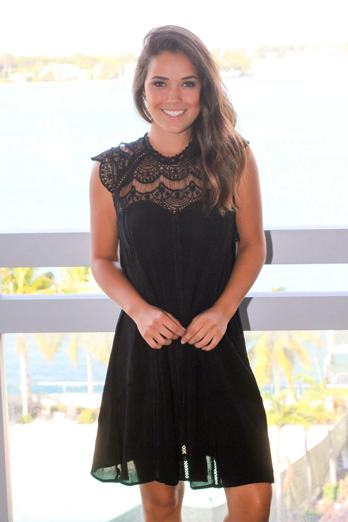 Black Crochet Short Dress with Cap Sleeves