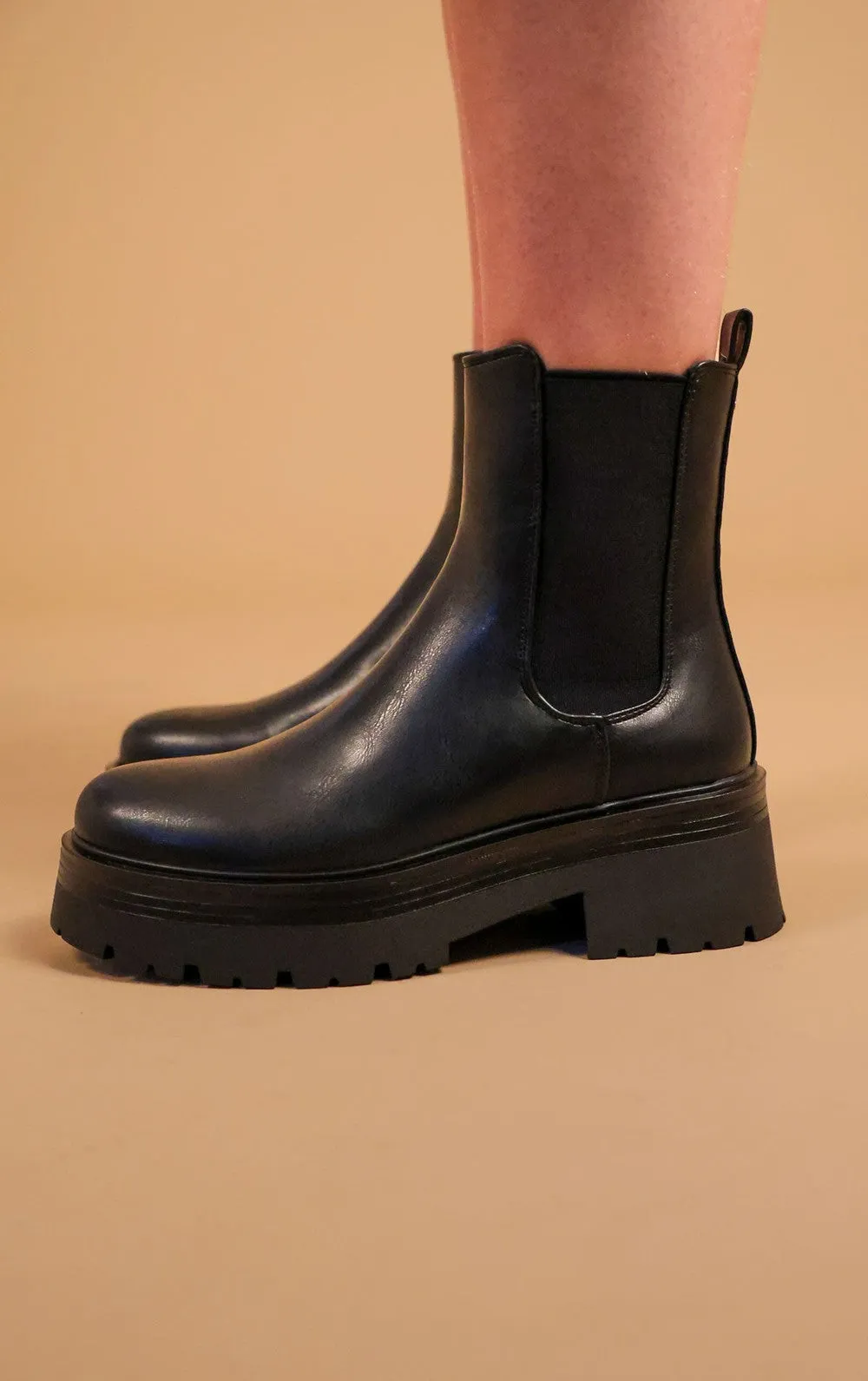 Black Faux Leather Slip On Chunky Chelsea Boots