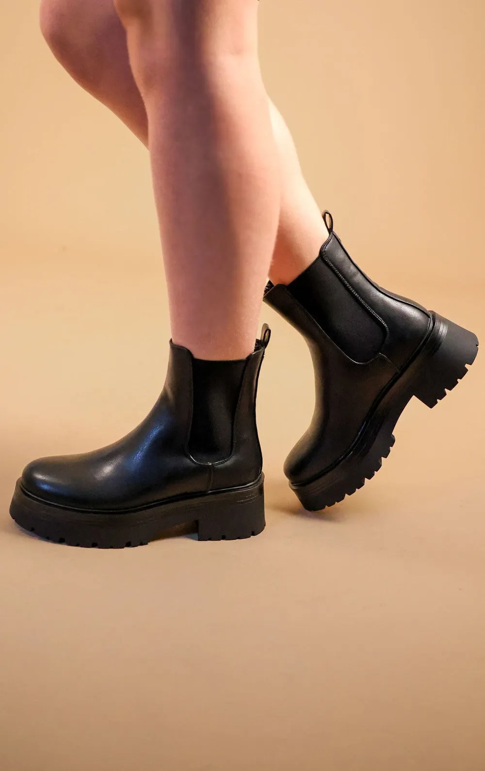 Black Faux Leather Slip On Chunky Chelsea Boots