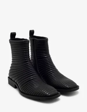 Black Leather Ribbed Biker Boots -