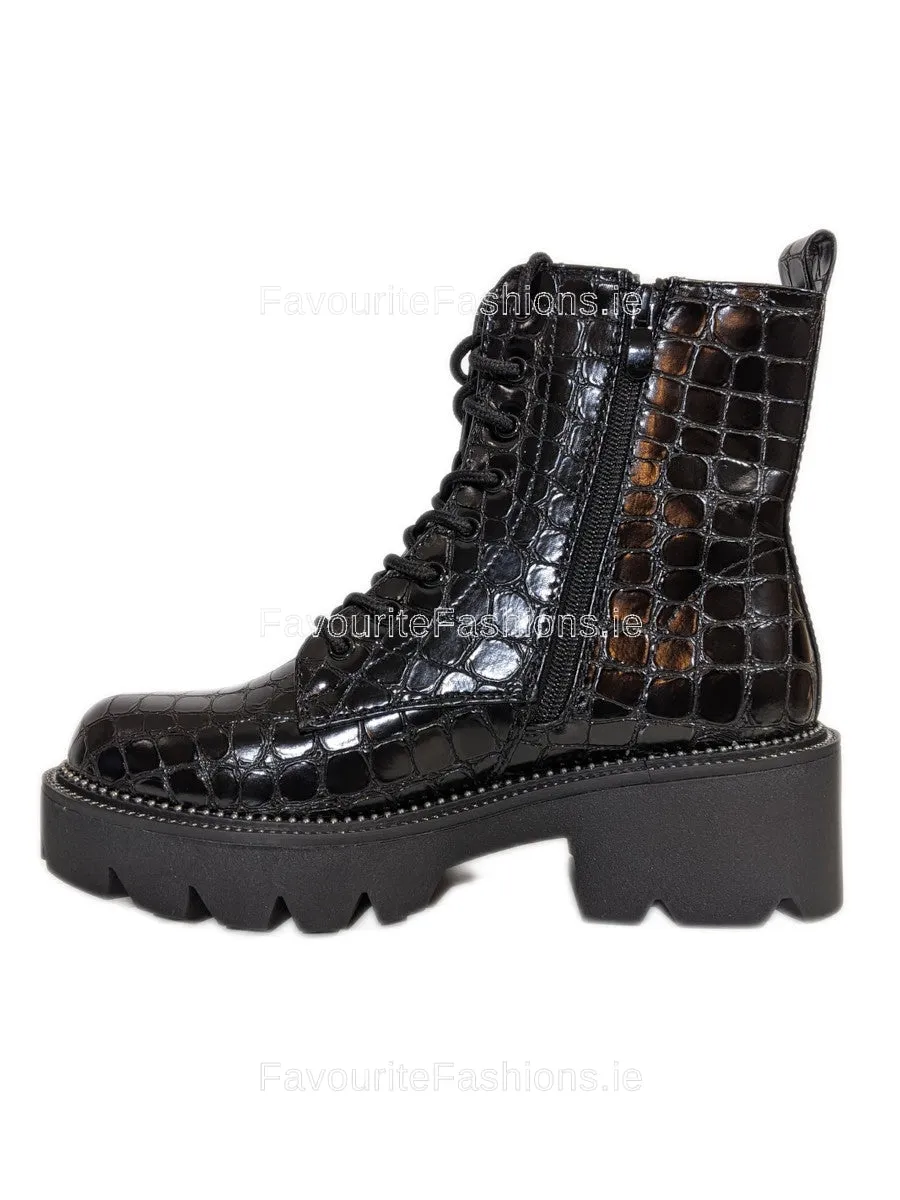 Black Patent Croc Lace Up Chunky Biker Ankle Boots