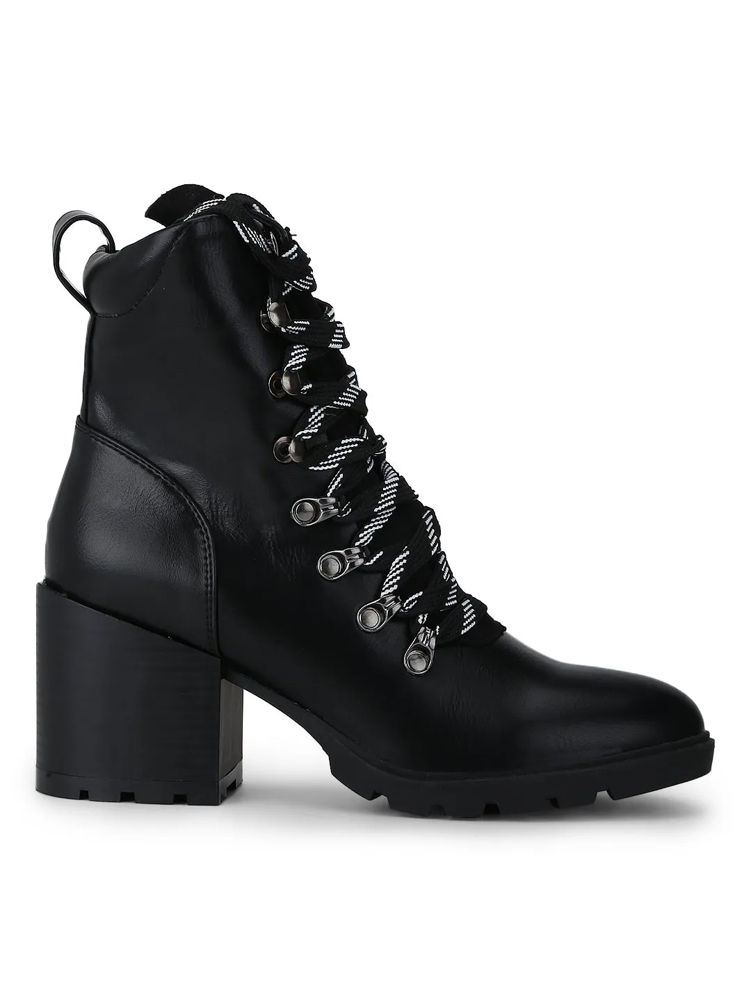 Black PU Lace-Up Block Heel Biker Ankle Length Boots