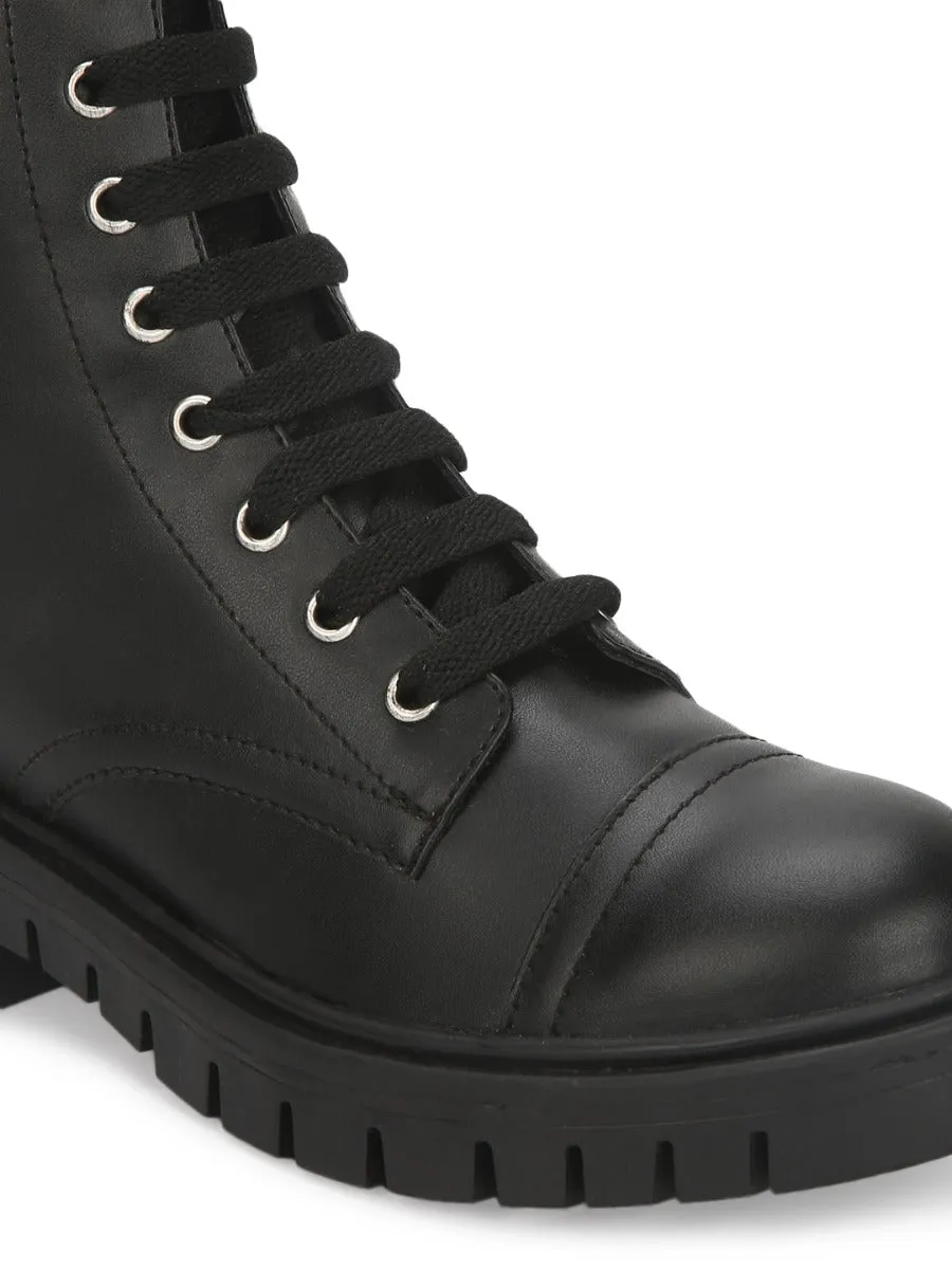 Black PU Lace Up Round Toe Ankle Boots