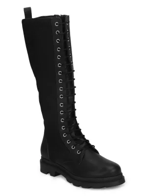 Black PU Lace Up Snug Fit Long Boots (TC-ST-1206-BLKPU)