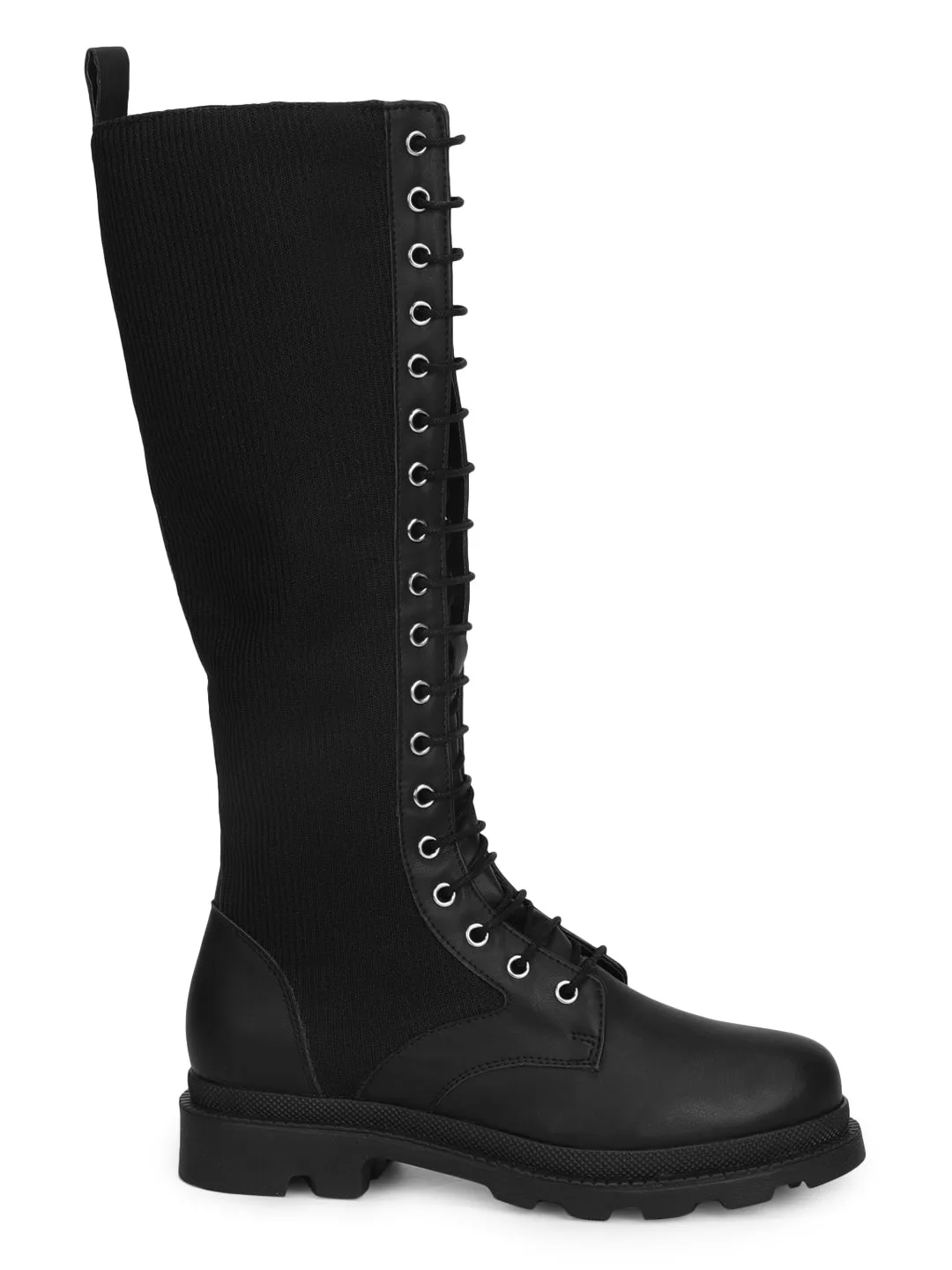 Black PU Lace Up Snug Fit Long Boots (TC-ST-1206-BLKPU)