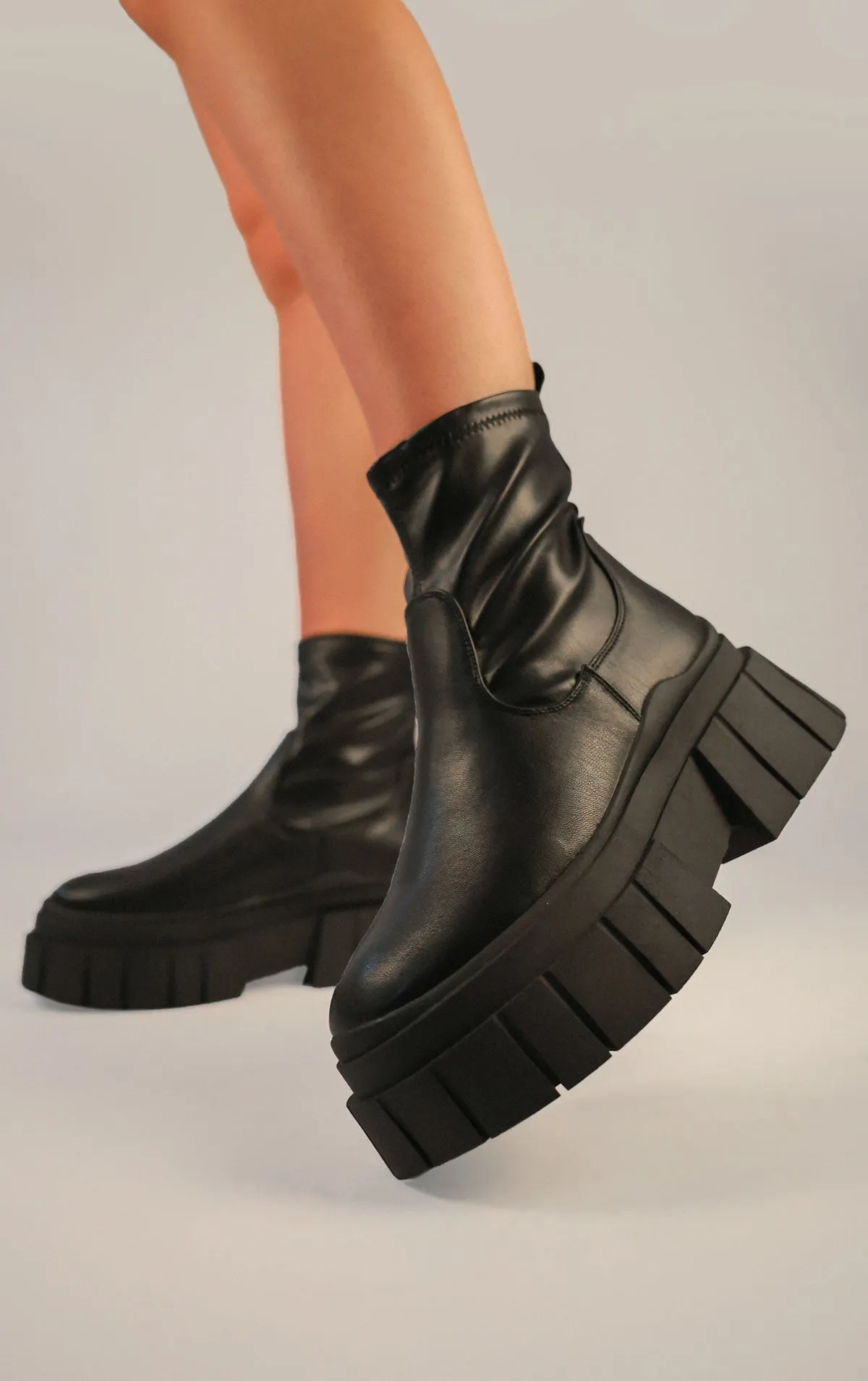 Black PU Leather Chunky Platform Chelsea Ankle Boot