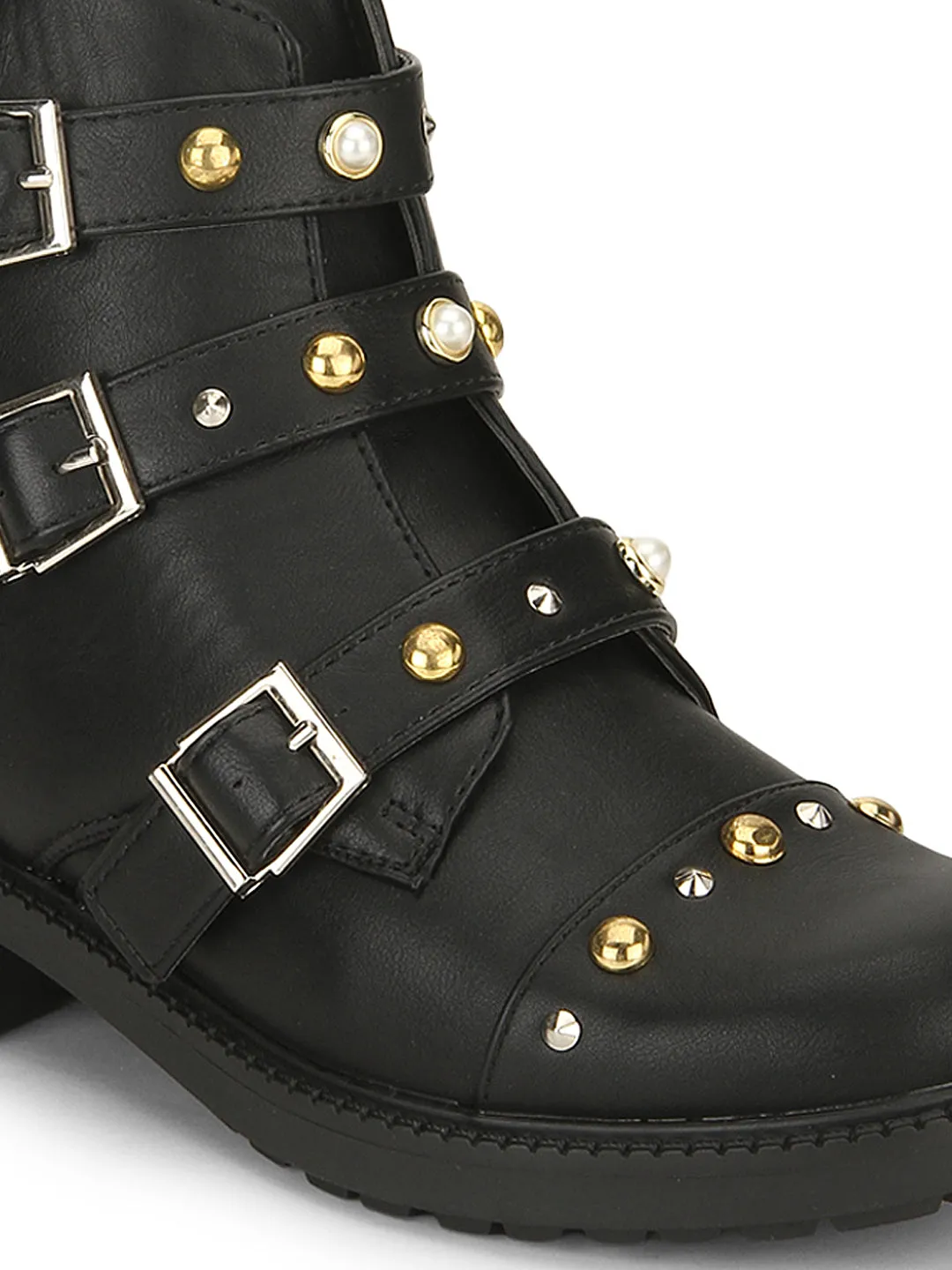 Black PU Stud and Buckle Detail Ankle Boots