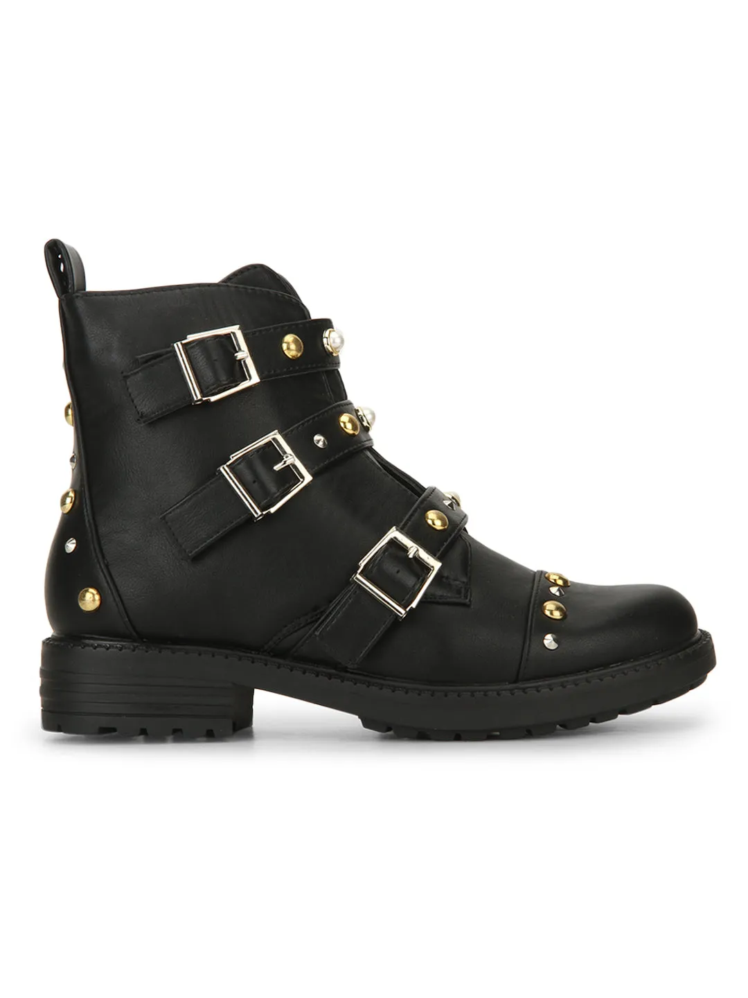 Black PU Stud and Buckle Detail Ankle Boots