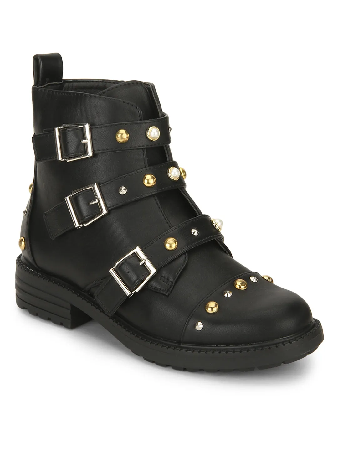 Black PU Stud and Buckle Detail Ankle Boots