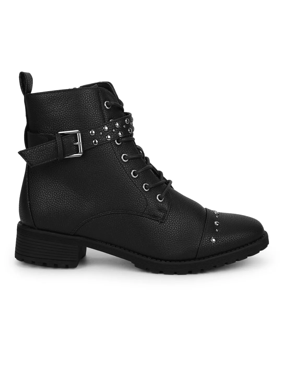 Black PU Studded Lace Up Ankle Boots (TC-JADE34-BLACKMILPU)