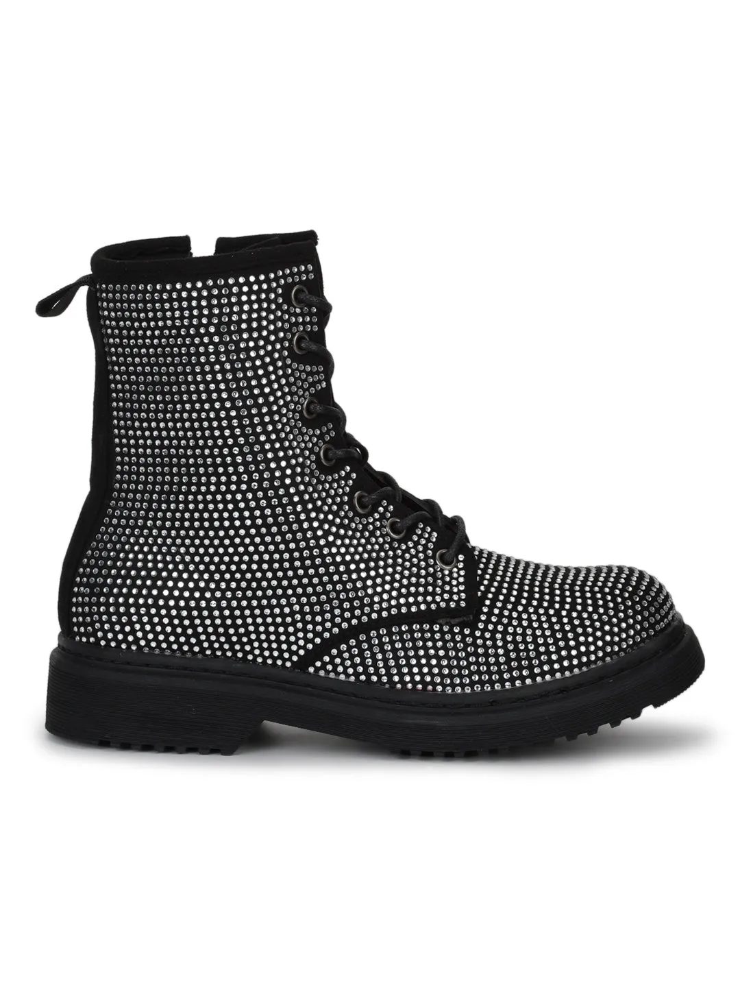 Black Suede Diamante Lace-Up Biker Ankle Boots