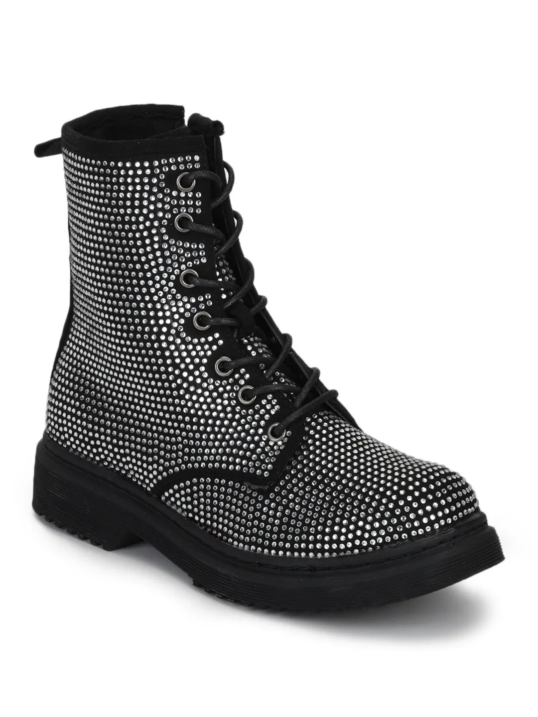 Black Suede Diamante Lace-Up Biker Ankle Boots