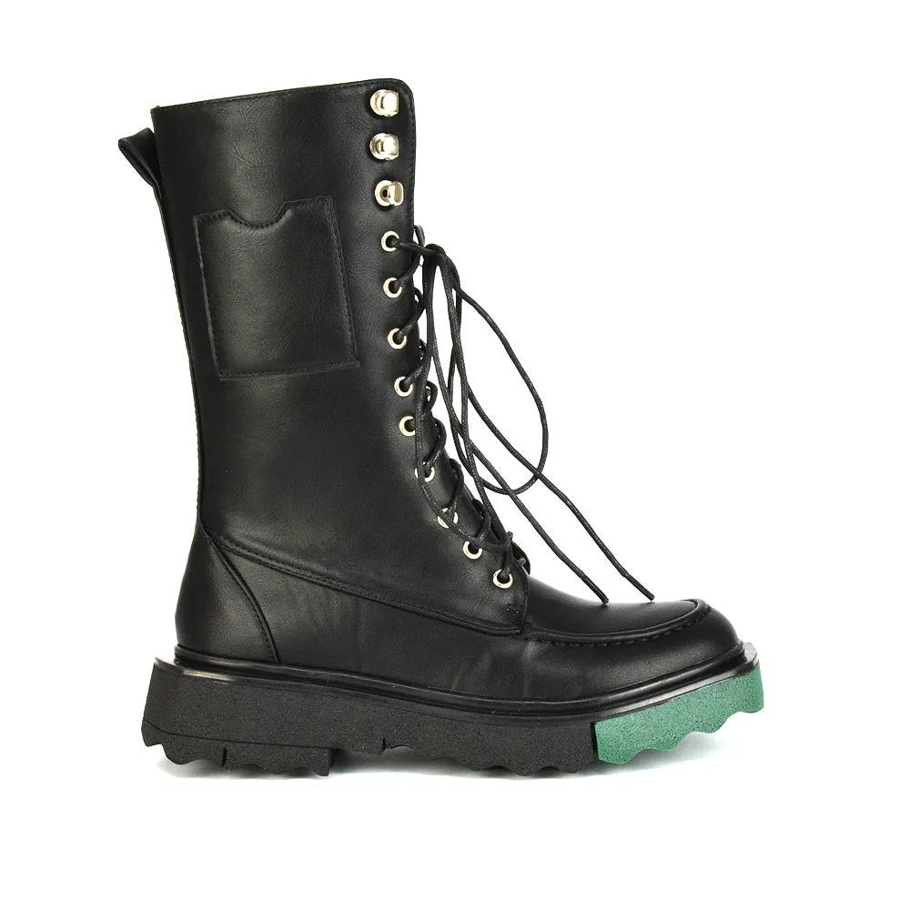 Blakely Flat Wedge Green Sole Biker Lace Up Ankle Boots in Black Synthetic Leather