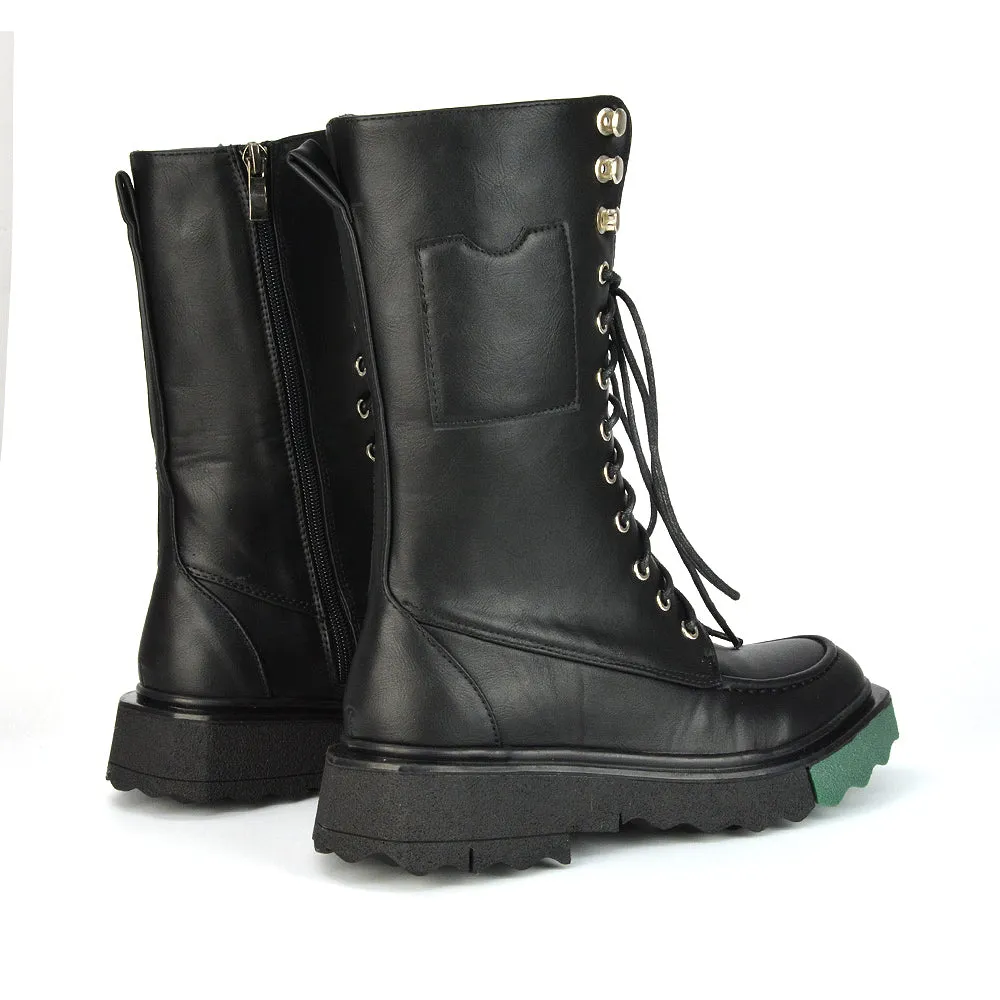 Blakely Flat Wedge Green Sole Biker Lace Up Ankle Boots in Black Synthetic Leather