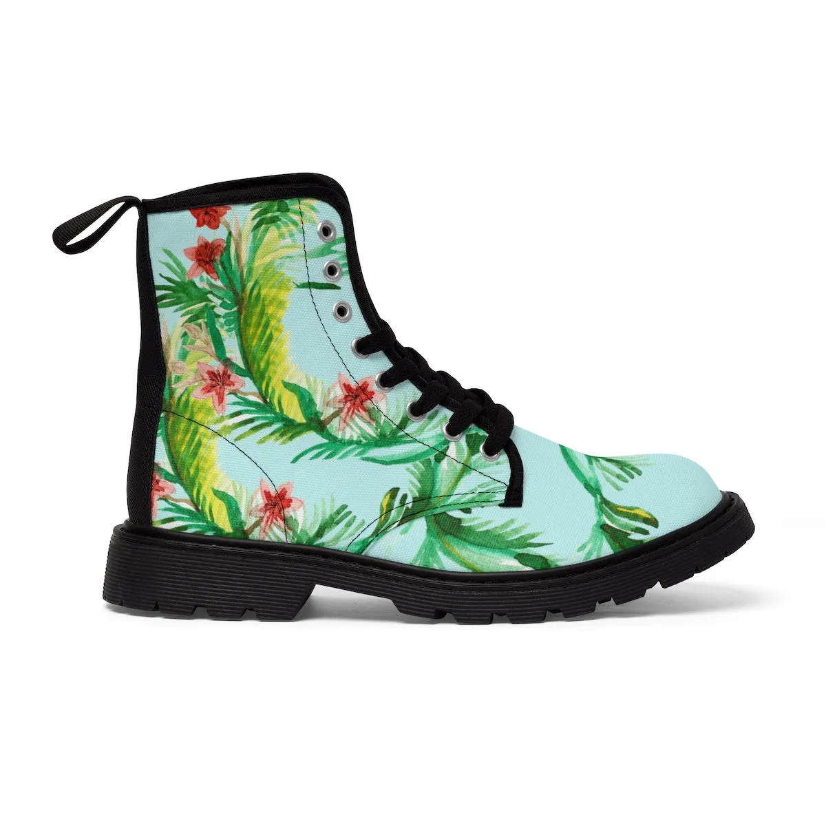 Blue Floral Women's Boots, Vintage-Style Print Canvas Winter Hiking Boots For Women