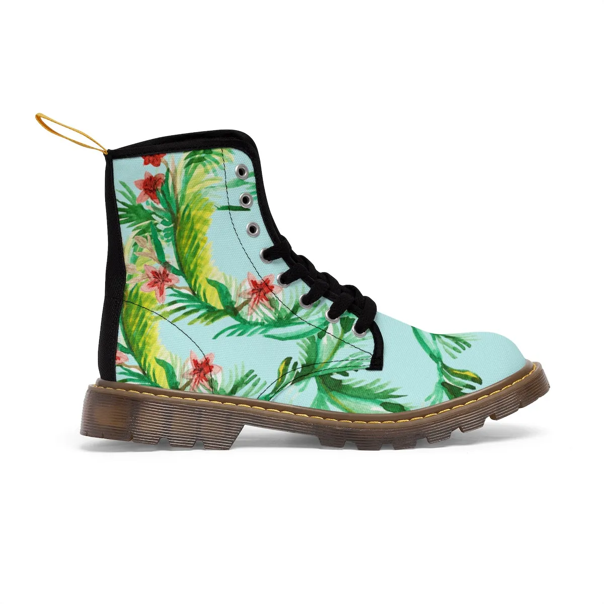 Blue Floral Women's Boots, Vintage-Style Print Canvas Winter Hiking Boots For Women