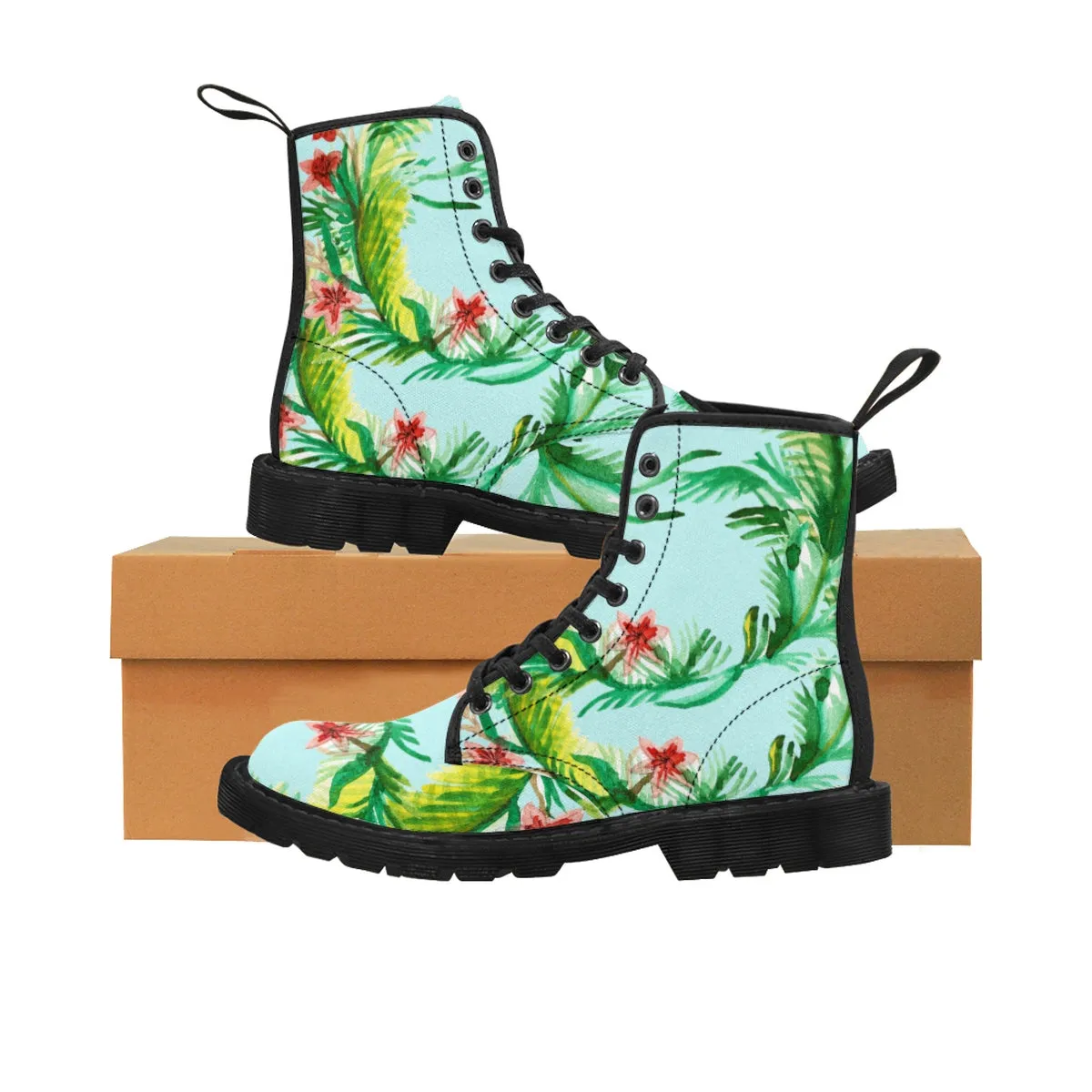 Blue Floral Women's Boots, Vintage-Style Print Canvas Winter Hiking Boots For Women