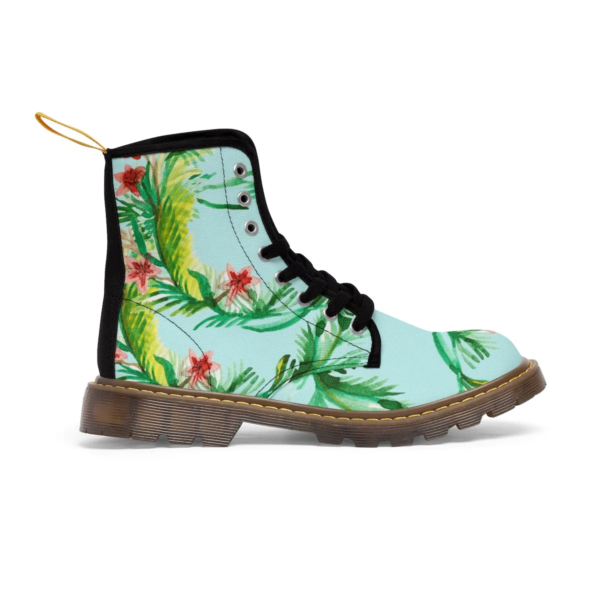 Blue Floral Women's Boots, Vintage-Style Print Canvas Winter Hiking Boots For Women