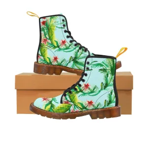 Blue Floral Women's Boots, Vintage-Style Print Canvas Winter Hiking Boots For Women