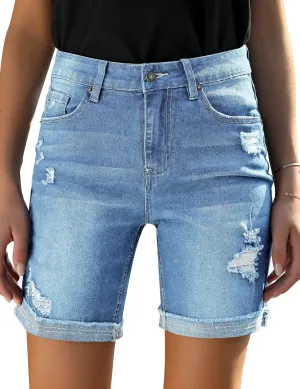 Blue Rolled Hem Distressed Biker Shorts