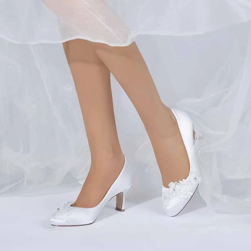 Bride Wedding Shoes Bridesmaid Closed Toe Round Toe White Ivory Satin Pumps